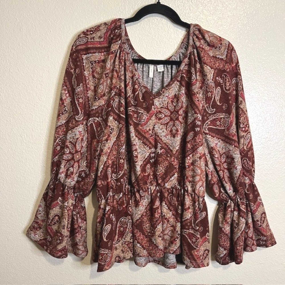 Womens Plus Sz 18/20W Paisley Boho‎ Bell Sleeve Cinch Waist Blouse Retro Prairie